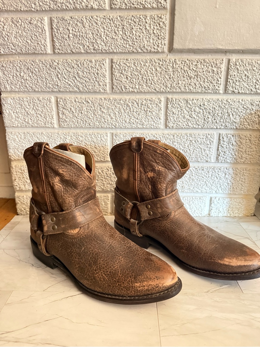 Frye Brown Distressed Wyatt Short Leather Harness Boots